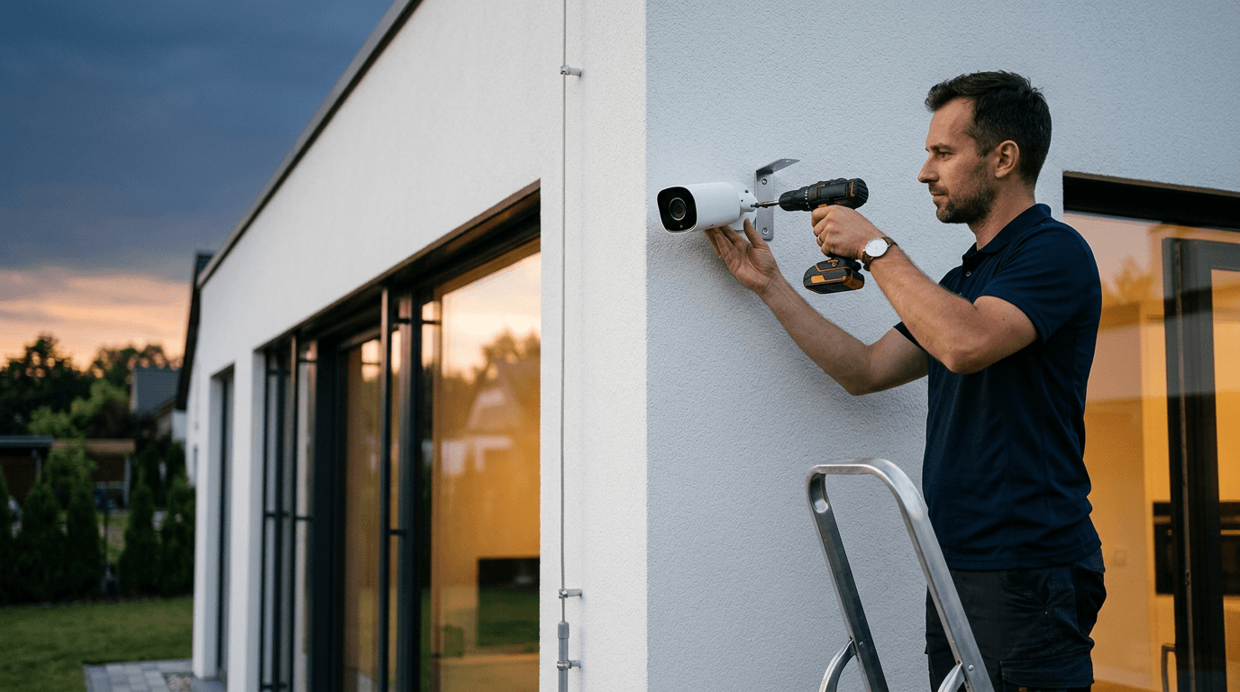 Instalator z Montersi montuje nowoczesną kamerę CCTV na fasadzie domu o zachodzie słońca