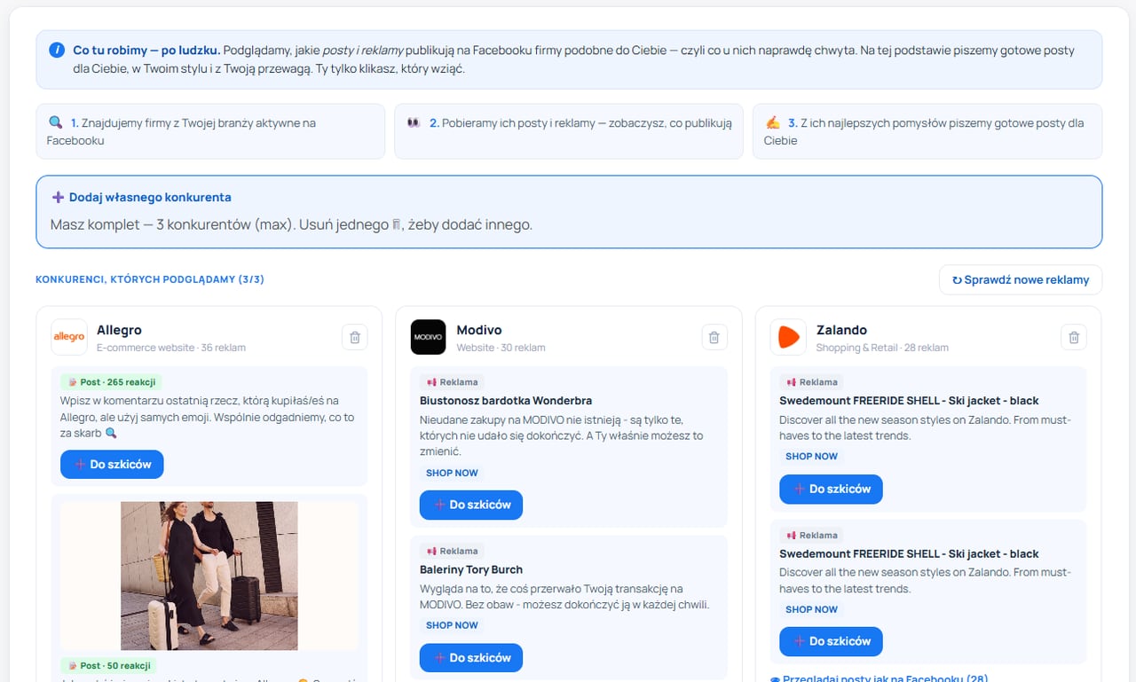 Pomysły od konkurencji — posty i reklamy konkurentów