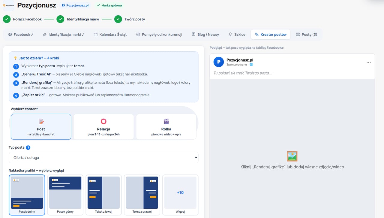 Kreator postów w panelu — tworzenie posta z podglądem na tablicy Facebooka