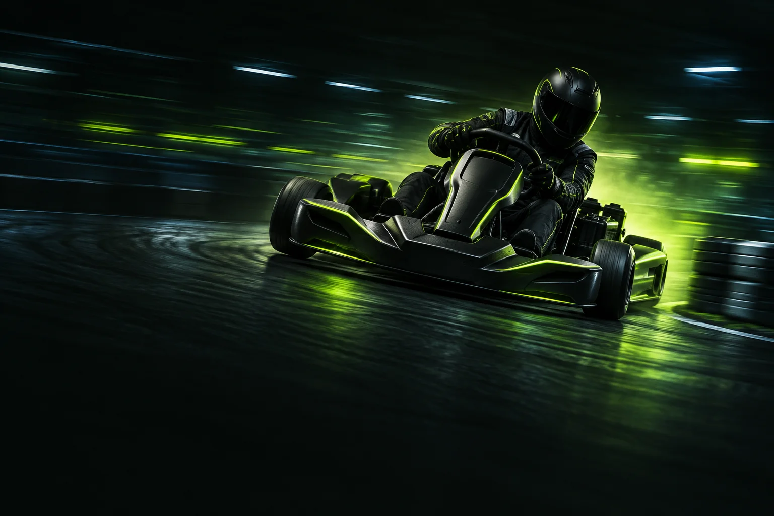 Elektryczny gokart w ostrym nawrocie na ciemnym krytym torze