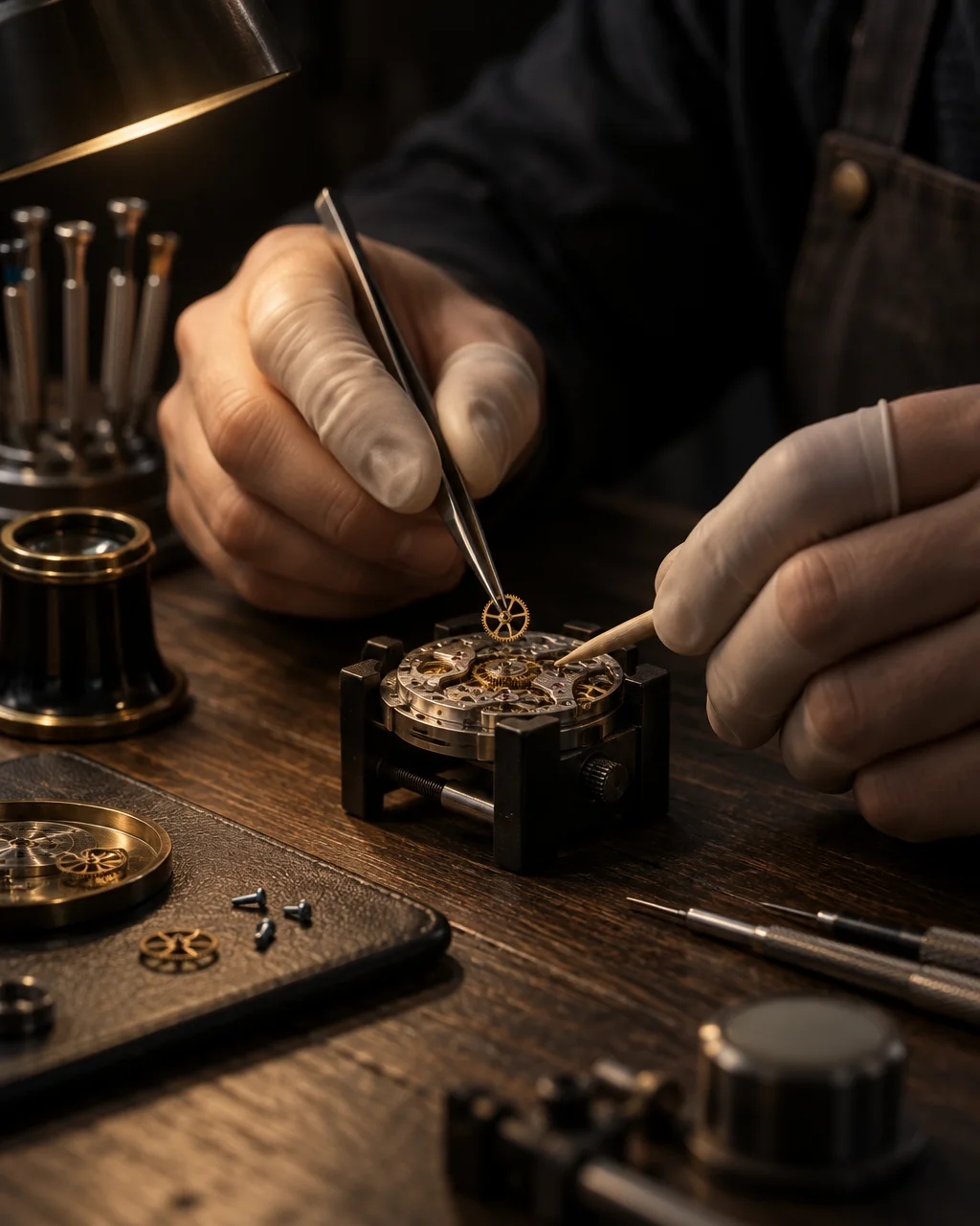 Dłonie zegarmistrza składające mechanizm przy ciemnym drewnianym stole