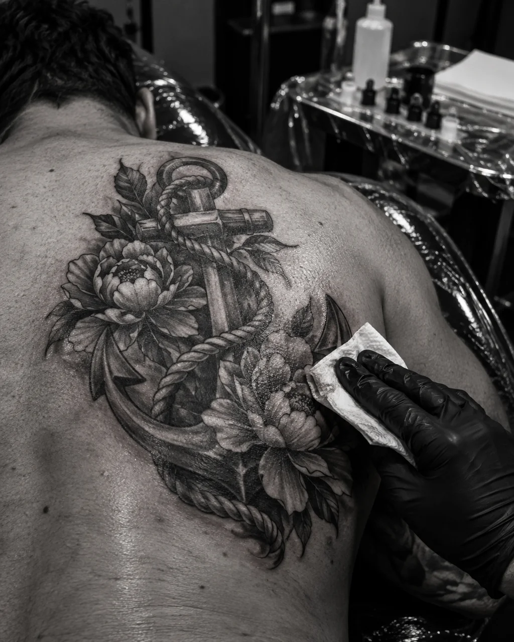 Świeżo skończony duży tatuaż black and grey na plecach i ramieniu