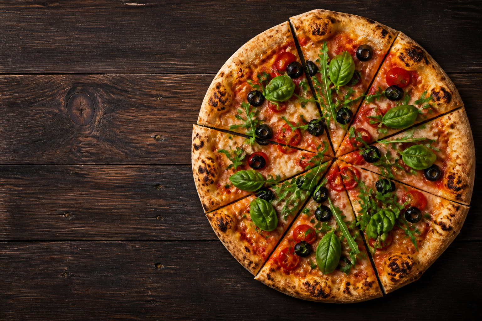 Pizza z rukolą, pomidorkami i oliwkami na drewnianym stole