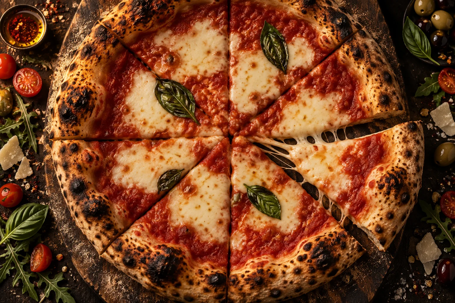Pokrojona pizza margherita z ciągnącym się serem, widok z góry