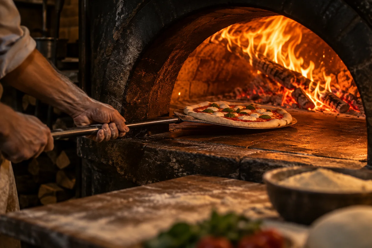 Pizza w rozpalonym piecu opalanym drewnem