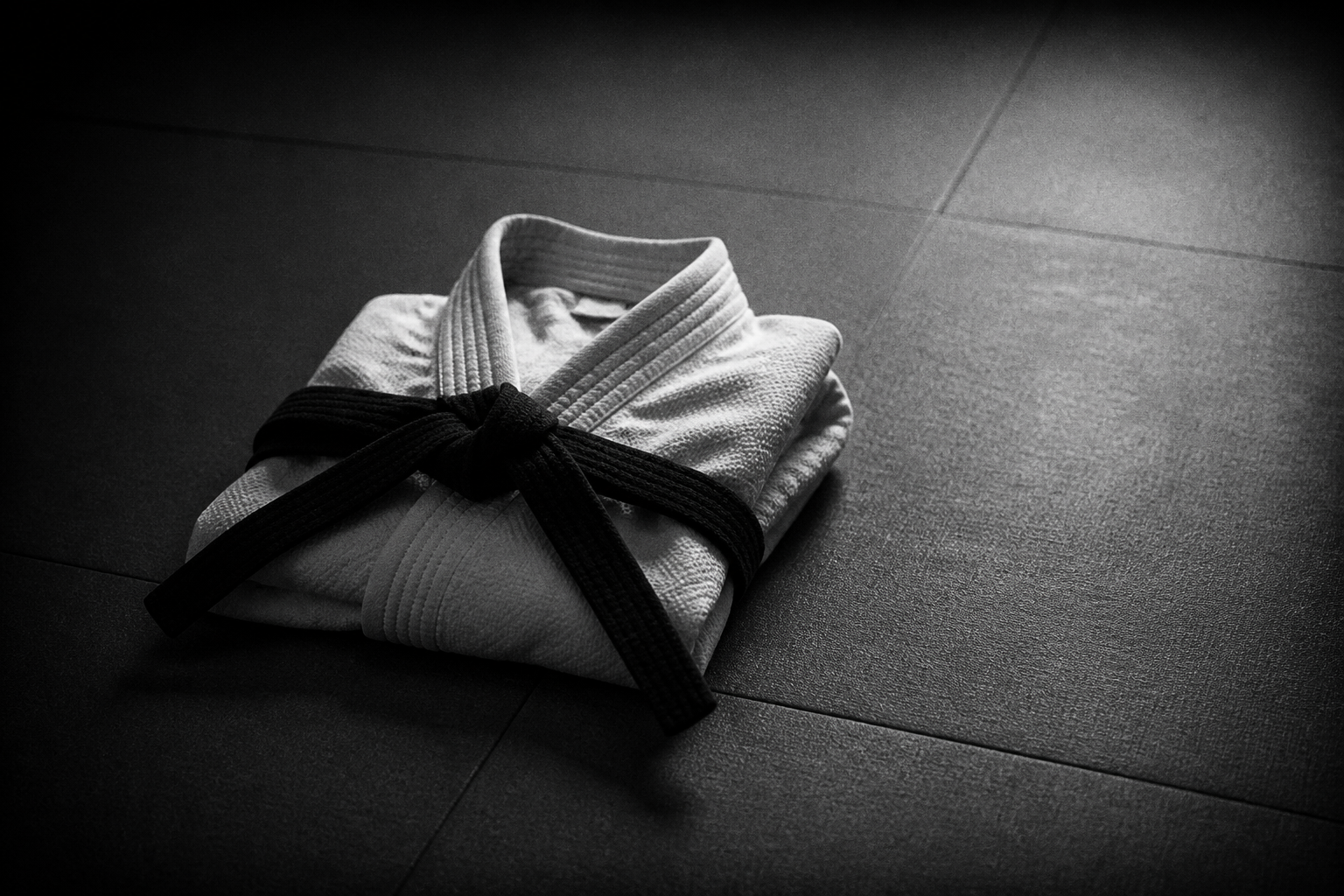 Złożone kimono do jiu-jitsu z pasem na macie