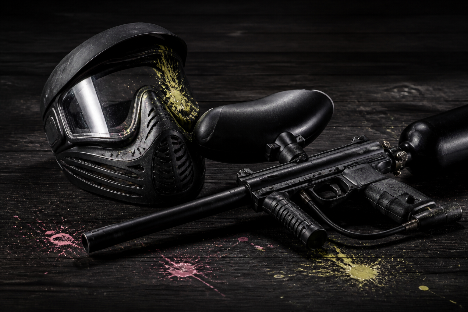 Maska i marker paintballowy na ciemnym drewnie