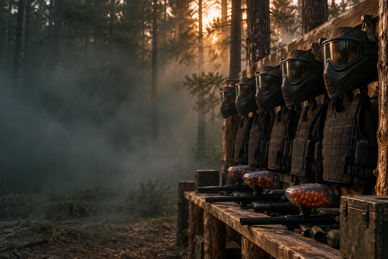 Drewniany stojak ze sprzętem paintballowym na skraju sosnowego lasu o zmierzchu