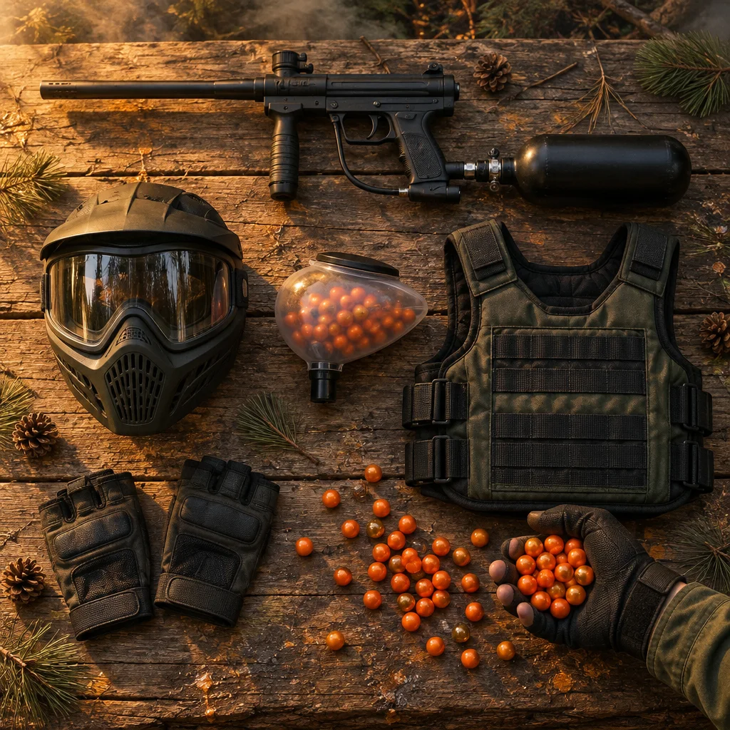 Komplet sprzętu do paintballa ułożony na sosnowych deskach: marker, maska i ochraniacze