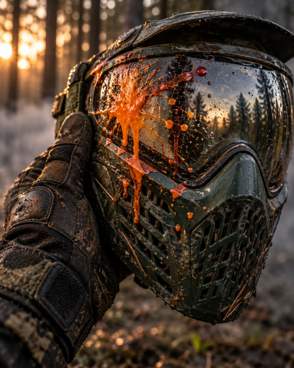 Ochlapana farbą maska paintballowa w dłoni w rękawicy