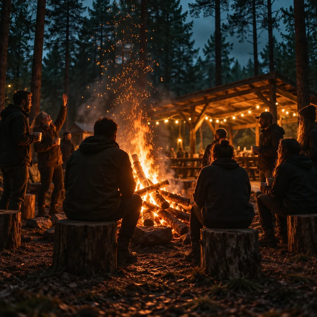 Ognisko na leśnej polanie o niebieskiej godzinie