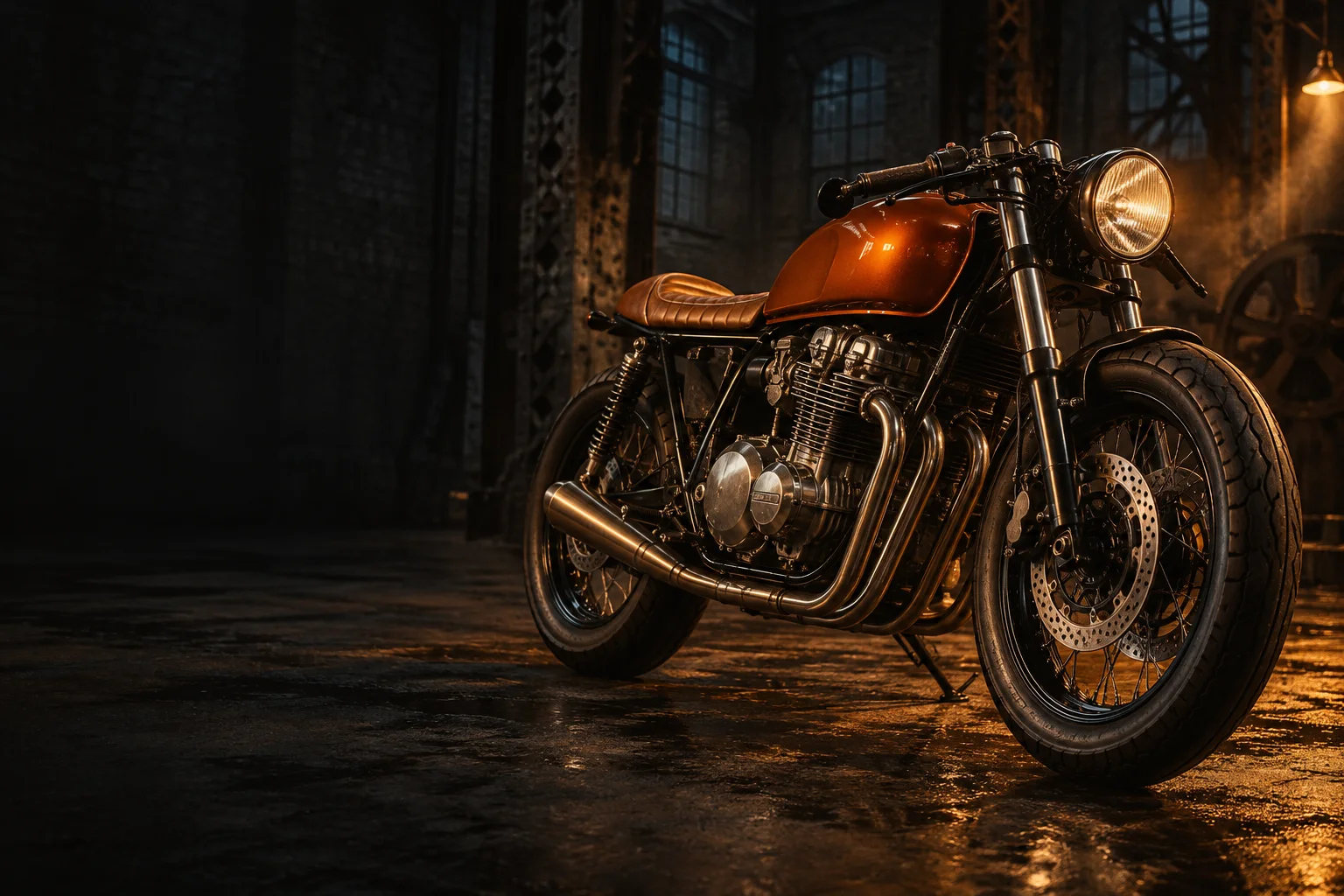 Cafe racer z chromowanym silnikiem, pomarańczowym bakiem i koniakowym siedzeniem w hali warsztatu