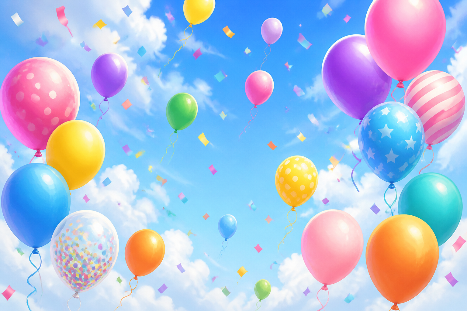 Balony i konfetti unoszące się na jasnym niebie