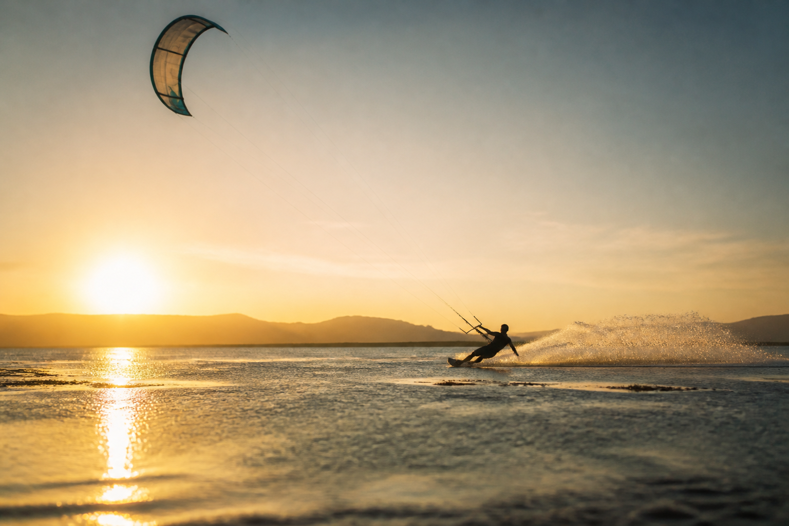 Kitesurfer na wodzie o zachodzie słońca