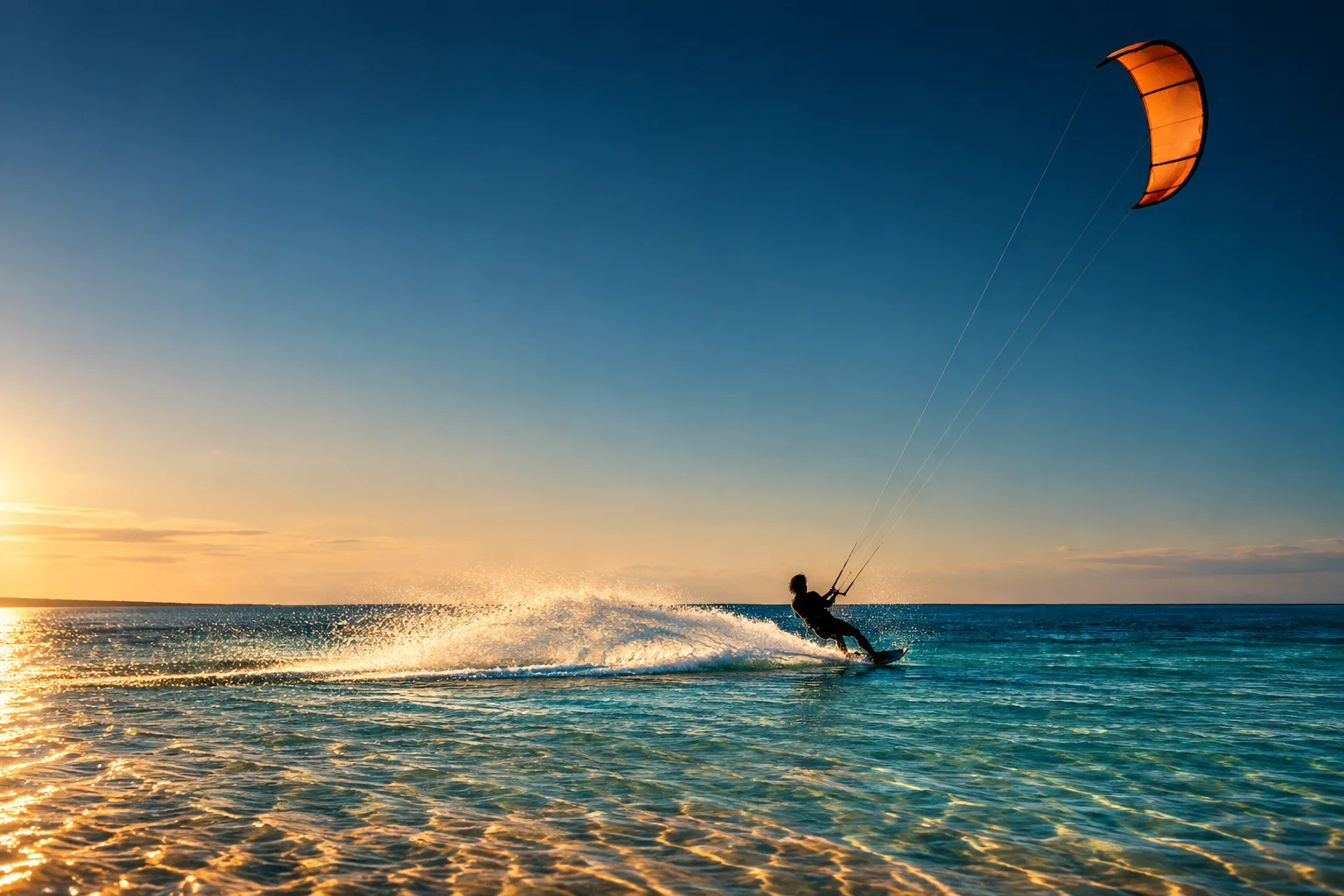 Kitesurfer nisko nad płytką turkusową wodą