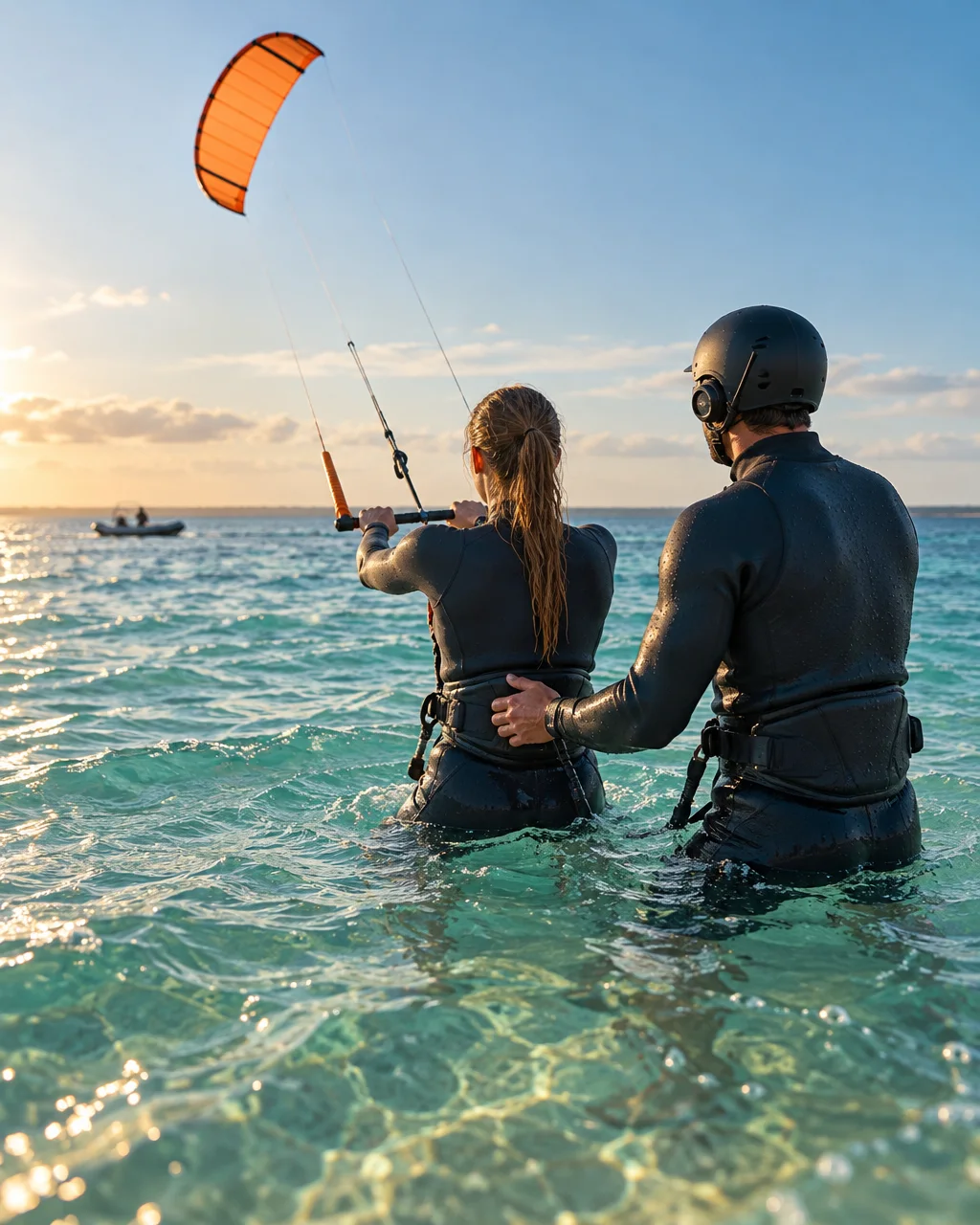 Nauka kitesurfingu w wodzie po pas, instruktor tuż obok kursanta