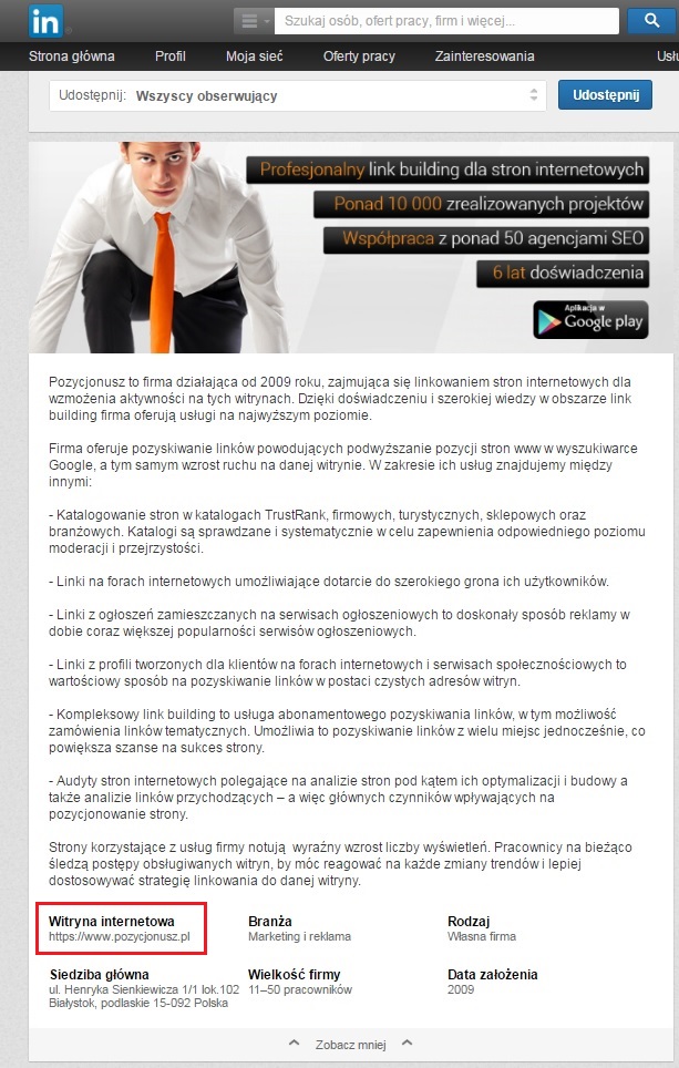 Profile firm z mediach społecznościowych to naturalne miejsce na dodanie firmowego odnośnika