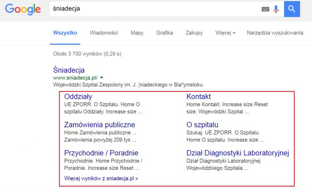 rodzaje wyników wyszukiwania google - linki do podstron