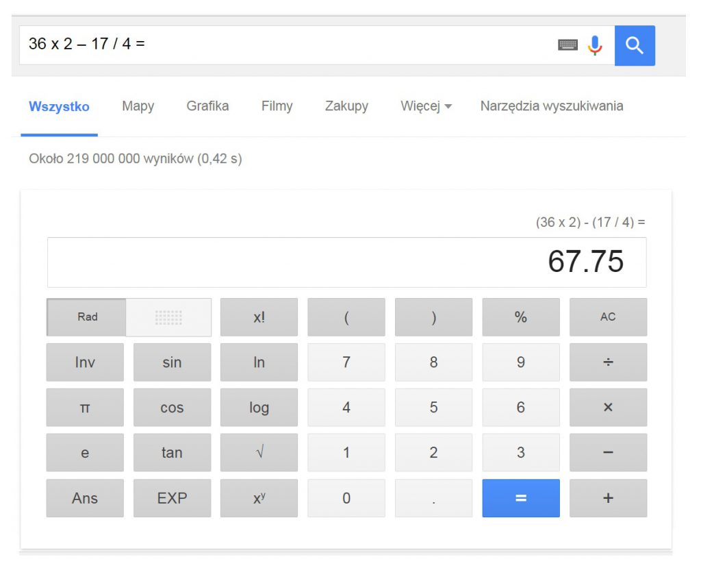 rodzaje wyników wyszukiwania google - obliczenia matematyczne