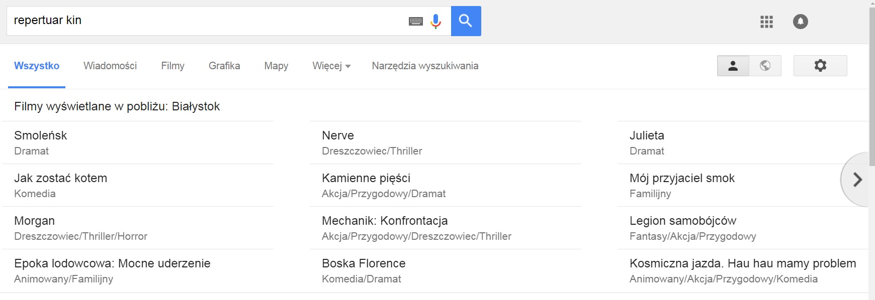 rodzaje wyników wyszukiwania google - repertuar kin w okolicy