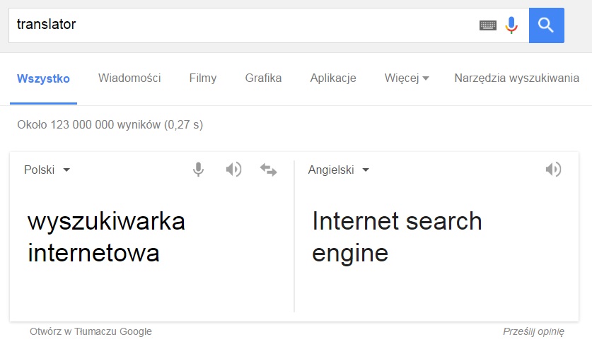rodzaje wyników wyszukiwania google - translator