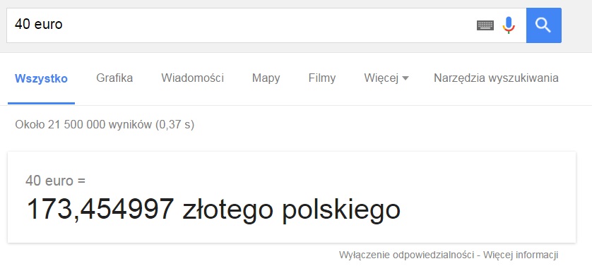 rodzaje wyników wyszukiwania google - przelicznik walut