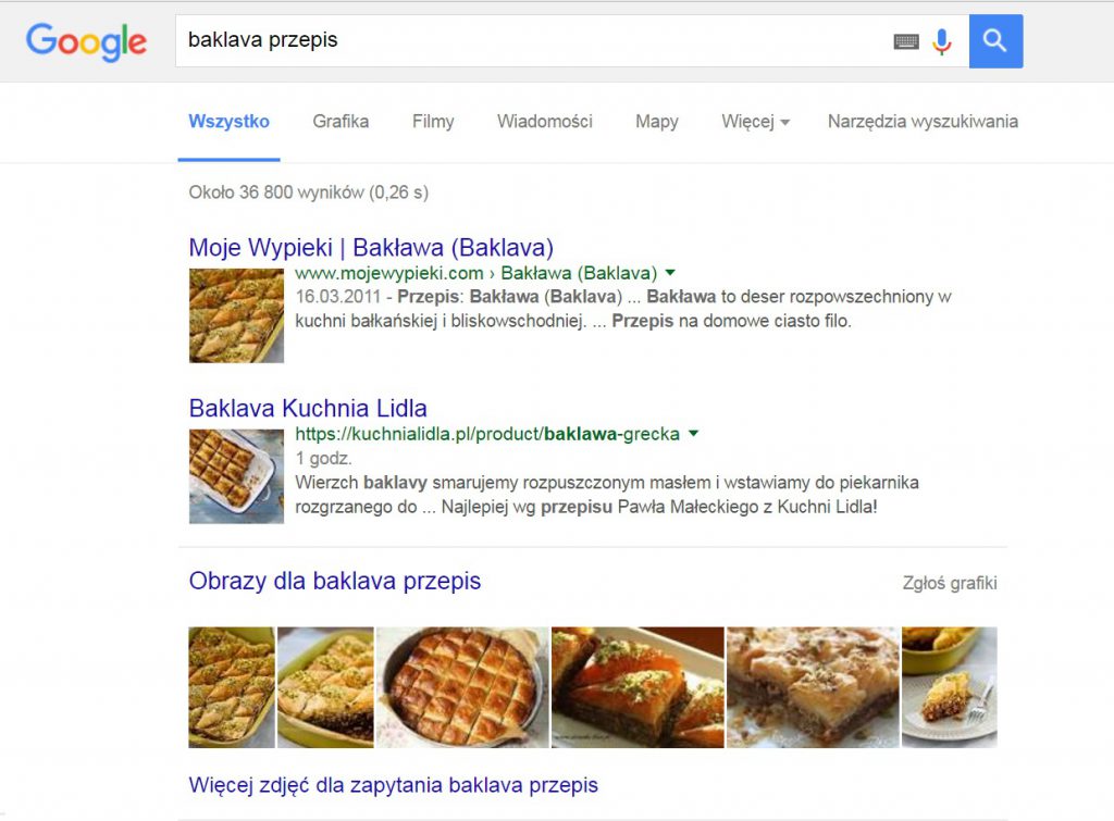 rodzaje wyników wyszukiwania google - rich snippets dla przepisów kulinarnych