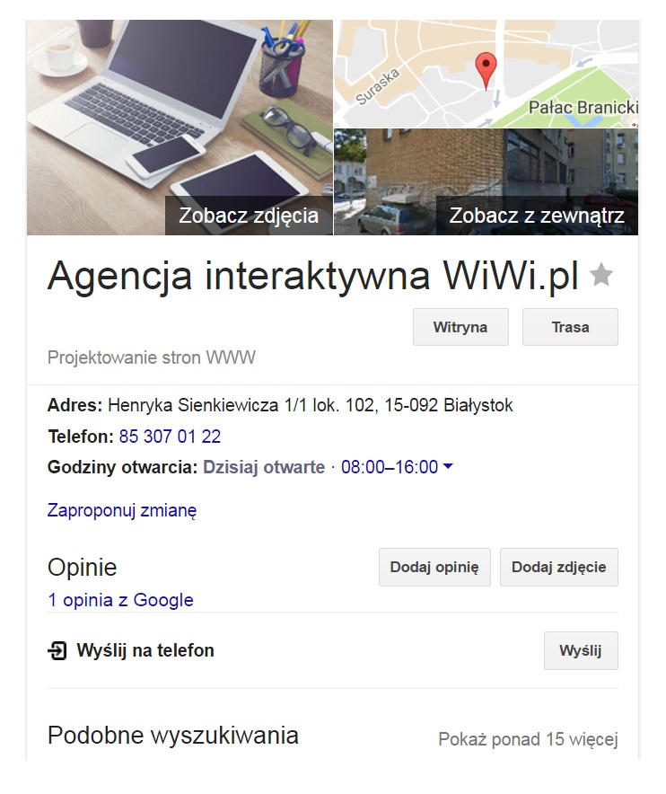 rodzaje wyników wyszukiwania google - wizytówka firmy