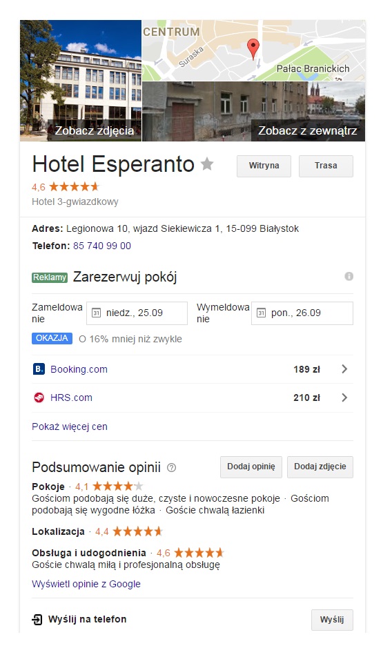 rodzaje wyników wyszukiwania google - rezerwacja hotelu