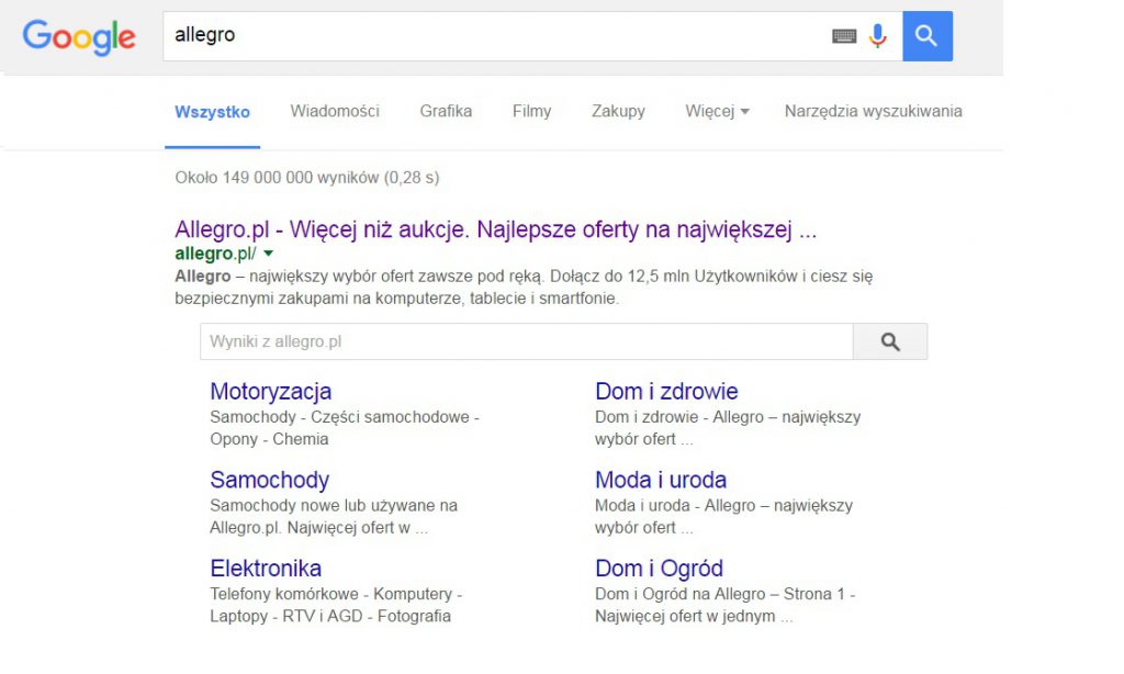 rodzaje wyników wyszukiwania google - wyszukiwarka wewnętrzna