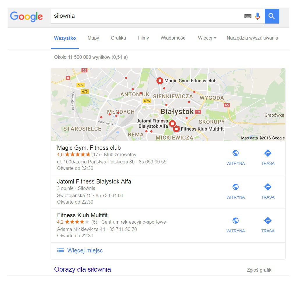 rodzaje wyników wyszukiwania google - wyniki lokalne