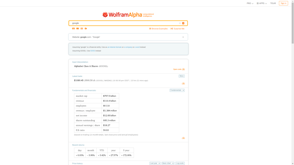 wyszukiwarka WolframAlpha