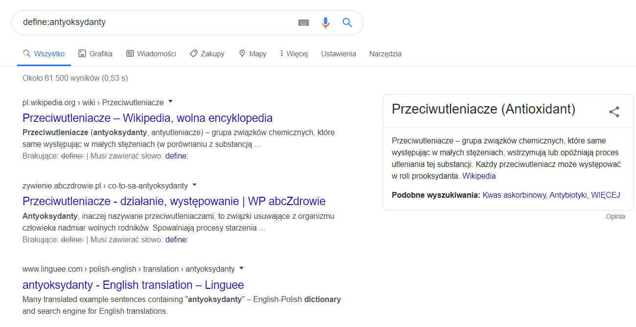 wyszukiwanie definicji w google