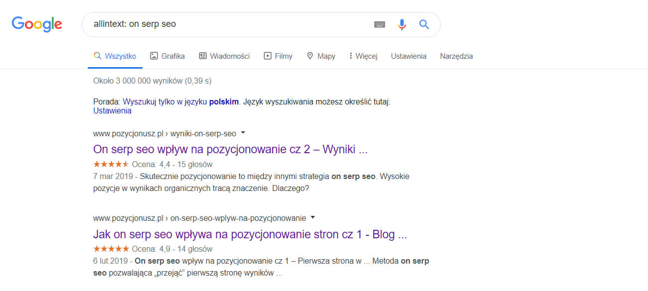 wyszukiwanie fraz w tekście w google