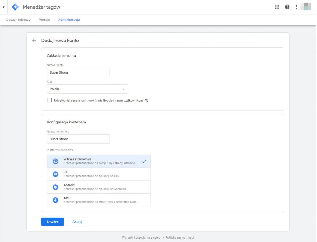 zakładanie konta w google tag manager