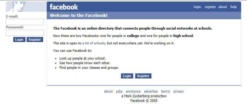 Jedna z pierwszych wersji strony internetowej Facebook