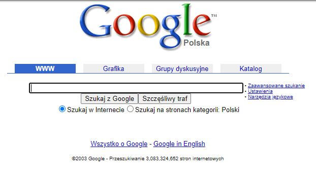 Jedna z pierwszych wersji strony internetowej Google