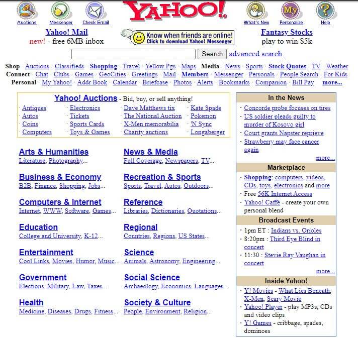 Jedna z pierwszych wersji strony internetowej Yahoo