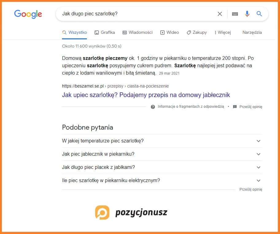 Pole "Podobne pytania" w wyszukiwarce Google